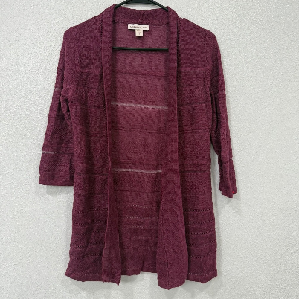 Coldwater Creek Women's Open Front Cardigan Burgundy Knit 3/4‎ Sleeve Size S